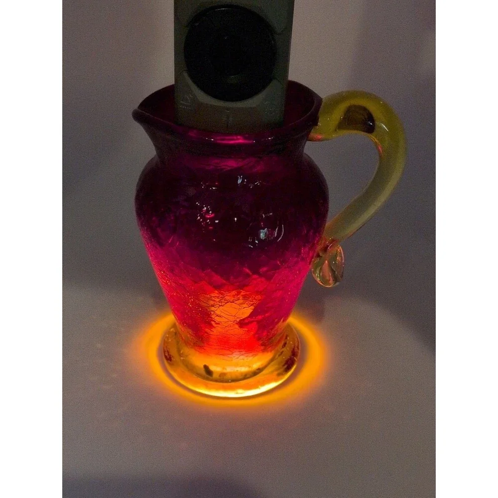 Amberina Crackle Glass Mini Pitcher With UV Reactive Glow & Yellow Handle Approx